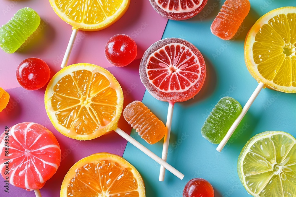 Poster a close-up shot of various colorful lollipops and candies on a pink and blue background. generative 