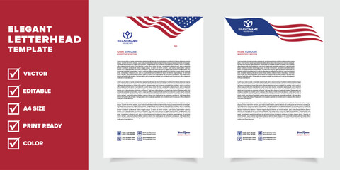 Modern corporate letterhead design template with the identity of the United States flag in a combination of red, blue and white.