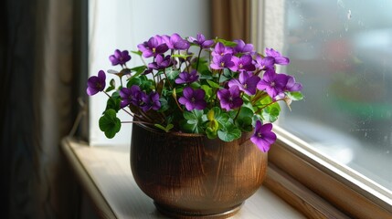 Uncommon Purple Oxalis in Wooden Pot by Window