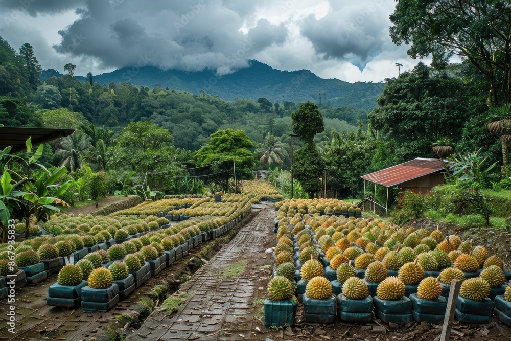 Poster a field of cacti is surrounded by a dirt road. the cacti are in various sizes and colors, and they a