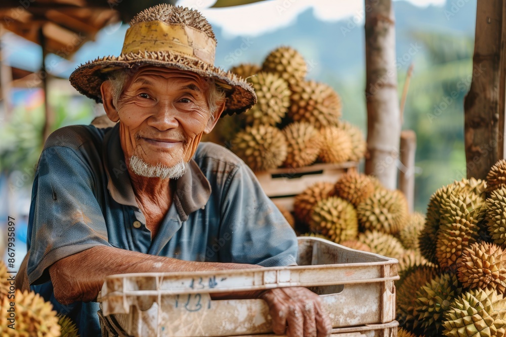 Poster a man wearing a straw hat is smiling at the camera. he is standing in front of a pile of fruit, incl