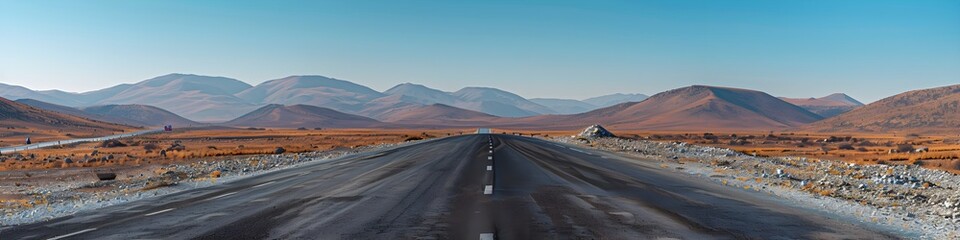 Mountain landscape and asphalt highway under a clear blue sky