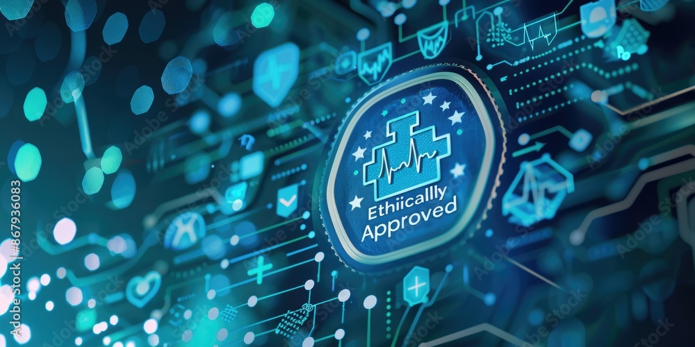 Poster ethically approved ai robot with digital interface in futuristic tech background, illustrating ethic