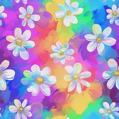 Cyclic seamless repeating pattern of colorful flowers on a vibrant background.