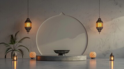Tranquil scene with a circular podium and hanging lanterns, elegant and serene