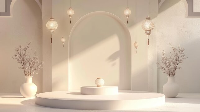 Archway podium with soft lighting and hanging lanterns, serene and stylish - Powered by Adobe