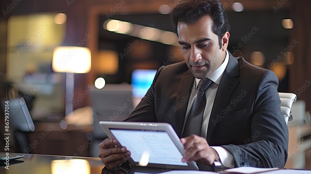 Poster a man in a suit is sitting at a desk and looking at a tablet. he is focused on the screen, possibly 