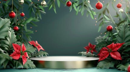 Elegant holiday podium with golden platform and festive greenery, ideal for Christmas promotions and events