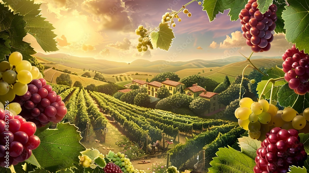 Poster a scenic view of a vineyard with grapes growing on the vines, with a small village nestled in the ba