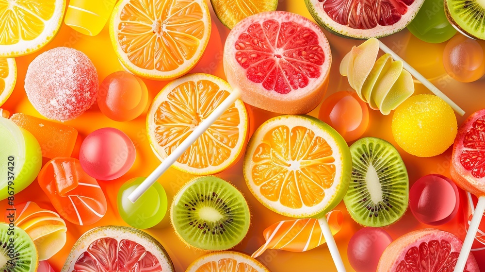 Aufkleber A vibrant and enticing close-up image of various fruits, candies, and lollipops arranged on a bright yellow surface, showcasing a delightful array of colors and textures. Generative AI