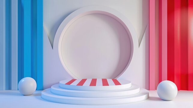 White podium with a mix of blue and red decor elements, suitable for vibrant presentations and colorful displays