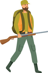 Hunter wearing a vest and carrying a rifle and backpack is trekking through the forest