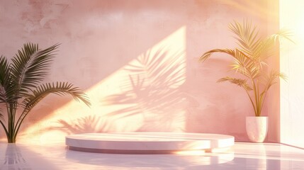 Fototapeta premium Minimalistic pink background with round podium, palm tree shadows, and sunlight for product display. Concept of beauty, cosmetics, wellness, and natural skincare.