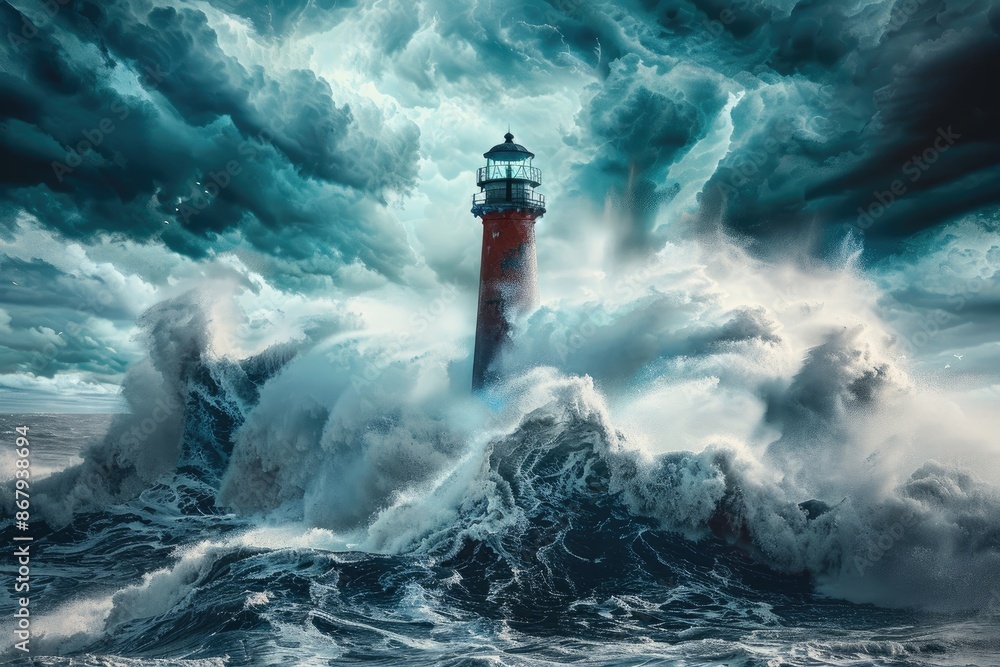 Poster a lighthouse is in the middle of a huge wave. the waves are crashing against the lighthouse, and the