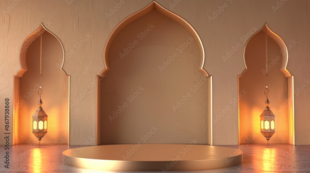 Wall mural Islamic background with podium and traditional lanterns for Ramadan or Eid Mubarak celebration.