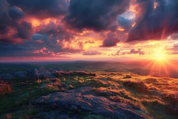 Fototapeta premium A beautiful sunset over a rocky hillside. The sky is filled with clouds and the sun is shining brightly