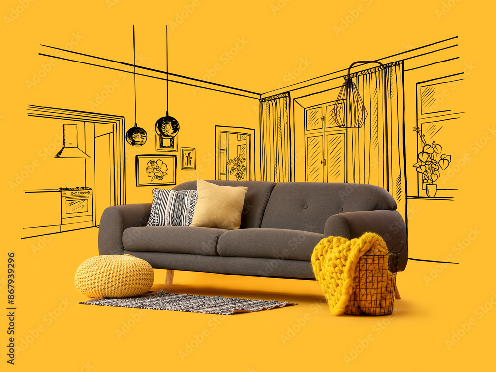 Poster Drawn new interior of living room with grey sofa