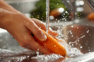 Fototapeta premium A person is washing a carrot in a sink. The water is splashing and the carrot is being cleaned
