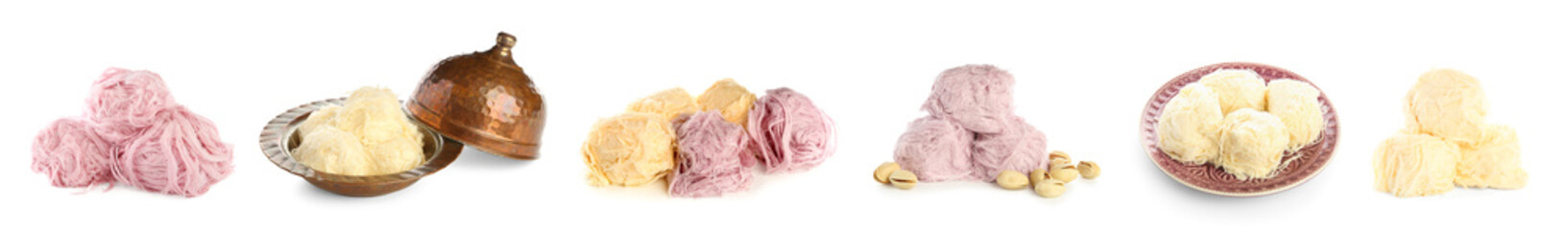 Set of tasty Turkish Pismaniye on white background