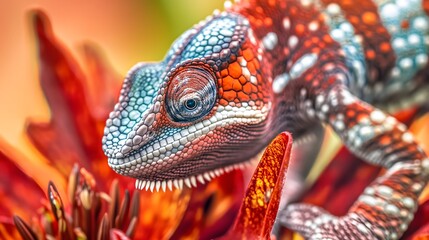 Obraz premium Chameleon, colorful chameleon, colorful chameleon, flower background, chameleon wallpaper, wallpaper, nature, animal, lizard, lizard close-up, chameleon close-up, flower close-up