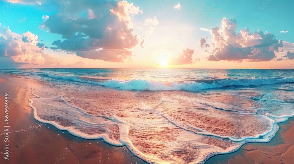 Poster a beautiful beach scene with a large wave crashing on the shore. the sky is filled with clouds and t