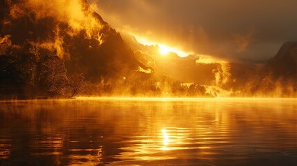 Obraz premium A beautiful sunset over a lake with mountains in the background. The sky is orange and the water is calm