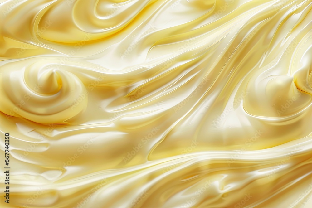Poster a close-up image of a smooth, swirling, yellow cream with a soft, light texture. generative ai