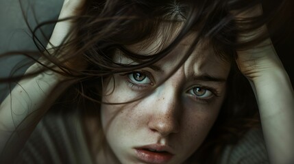Fototapeta premium A close-up portrait of a young woman with a distressed expression, hands in her hair, and intense eyes.