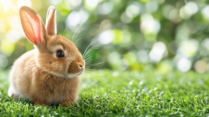 Fototapeta premium Easter bunny toy rabbit with ears on grass background