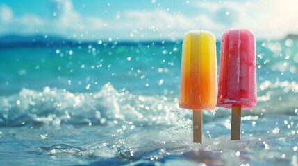 Two vibrant popsicles, one orange and one pink, standing in the shallow waves of a sparkling blue ocean on a sunny day.