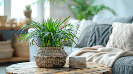 Fototapeta premium Photo of a Cozy Living Room Vignette Wooden Coffee Table with Houseplant and Wicker Basket Near Grey Sofa
