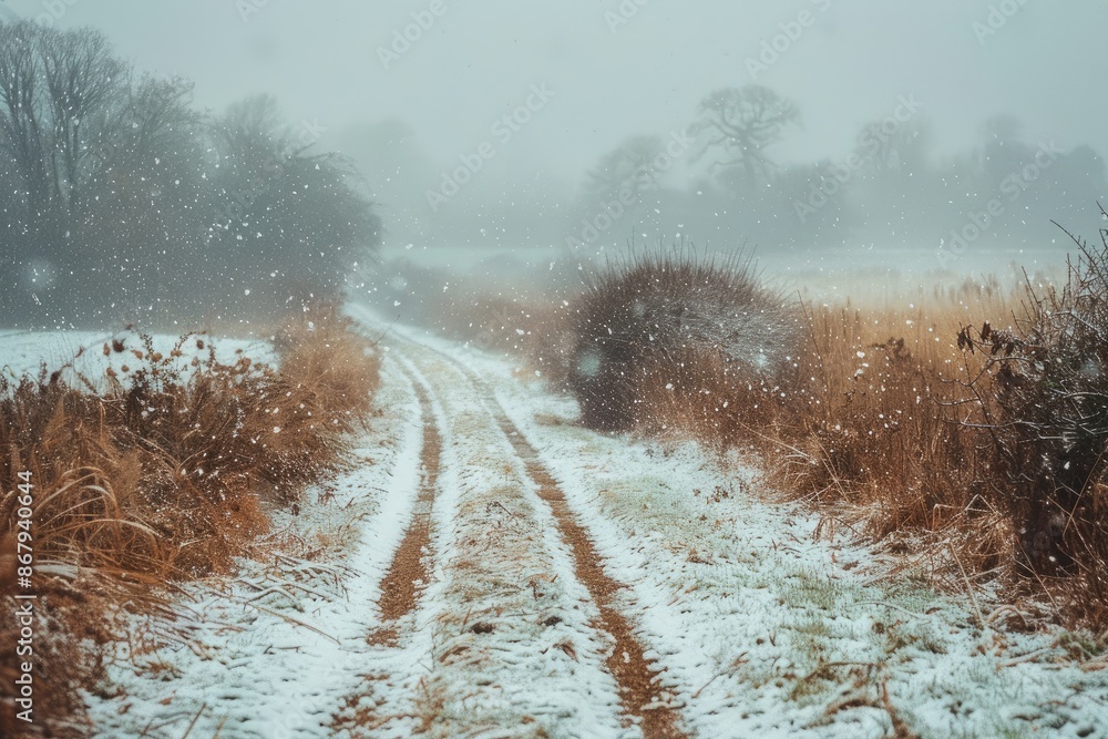 Poster a snowy road with a path through a field. the snow is falling and the sky is cloudy