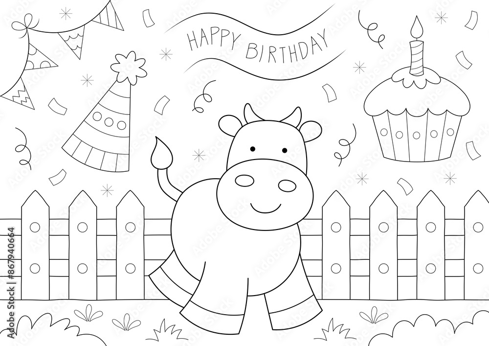 Poster happy birthday coloring picture, animal themed party with a cute cow. print it on a4 size paper