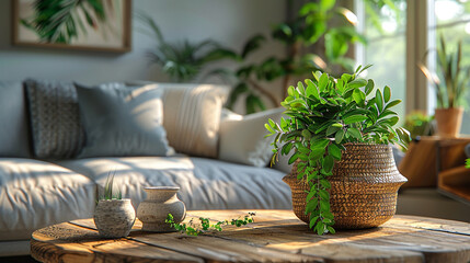 Obraz premium Photo of a Cozy Living Room Vignette Wooden Coffee Table with Houseplant and Wicker Basket Near Grey Sofa
