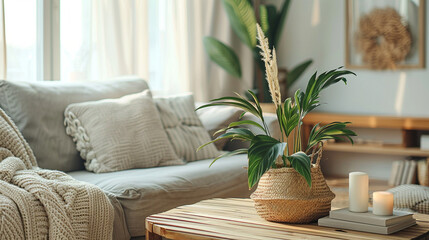 Photo of a Cozy Living Room Vignette Wooden Coffee Table with Houseplant and Wicker Basket Near Grey Sofa