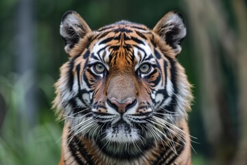 Fototapeta premium A tiger is staring at the camera with its eyes wide open. The tiger is in a natural setting, surrounded by trees and bushes. Concept of curiosity and wonder