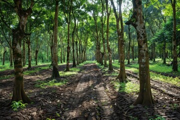 Obraz premium A forest with a dirt road in the middle. The trees are tall and green, and the ground is covered in leaves and dirt. The sunlight is shining through the trees, creating a peaceful