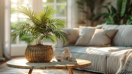 Fototapeta premium Photo of a Cozy Living Room Vignette Wooden Coffee Table with Houseplant and Wicker Basket Near Grey Sofa