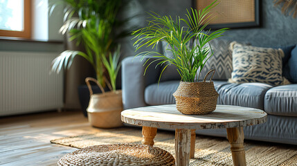 Fototapeta premium Photo of a Cozy Living Room Vignette Wooden Coffee Table with Houseplant and Wicker Basket Near Grey Sofa
