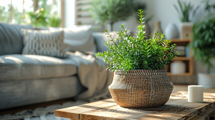 Fototapeta premium Photo of a Cozy Living Room Vignette Wooden Coffee Table with Houseplant and Wicker Basket Near Grey Sofa