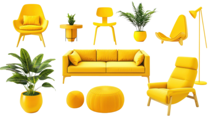 Collection of yellow modern furniture , sofa, chair, planter, table, lamp on transparent background