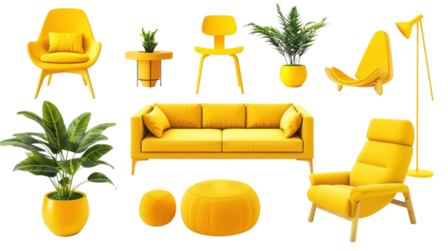 Collection of yellow modern furniture , sofa, chair, planter, table, lamp on transparent background