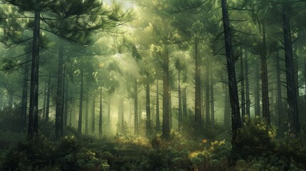 Obraz premium Misty Morning in a Green Pine Forest