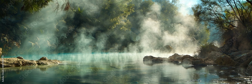 Poster a scenic view of a tropical hot spring with steam rising from the water, surrounded by lush greenery