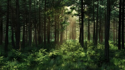 Obraz premium Misty Morning in a Green Pine Forest