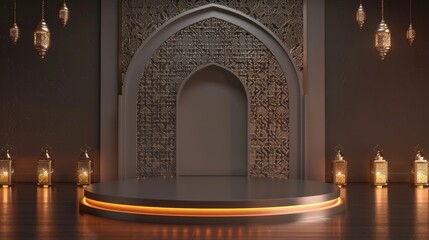 Elegant Ramadan Kareem or Islamic background with podium for product placement. Mosque door with arabesque pattern, lanterns and candles, perfect for religious holidays.