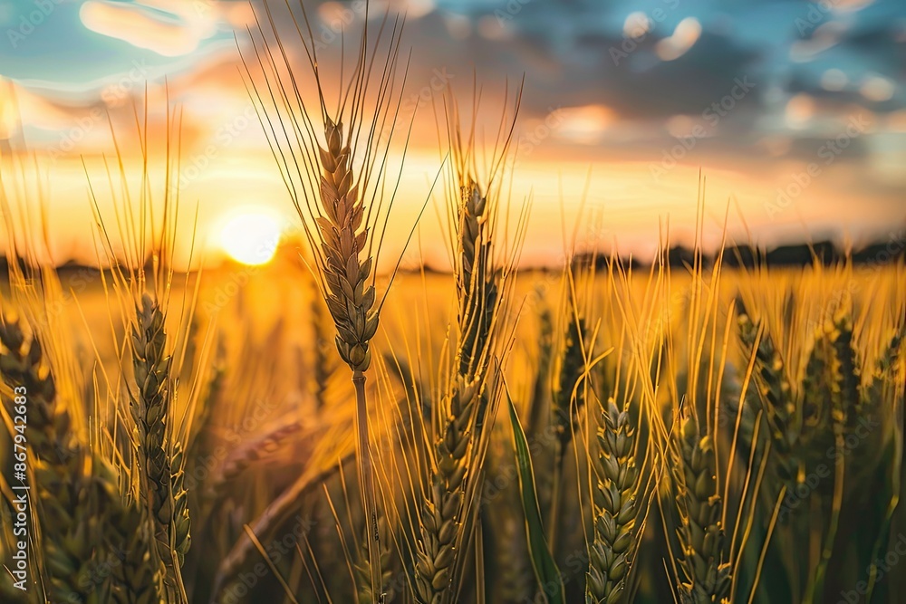 Poster a field of golden wheat with the sun setting in the background. the sky is filled with clouds, addin