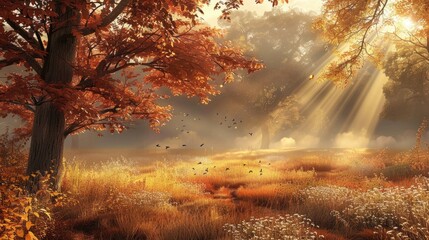 Obraz premium A field of yellow grass with a tree in the foreground. The sun is shining on the grass and the tree, creating a warm and peaceful atmosphere