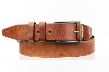 Retro natural Leather belt. Leather brown belt on white background, vintage retro leather belt.