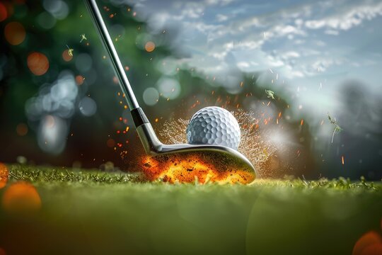 Dynamic impact: most powerful speed shot in golf, image of ball captures moment of explosive power, precision as ball rockets off face of club, showcasing exceptional power, skill of athlete